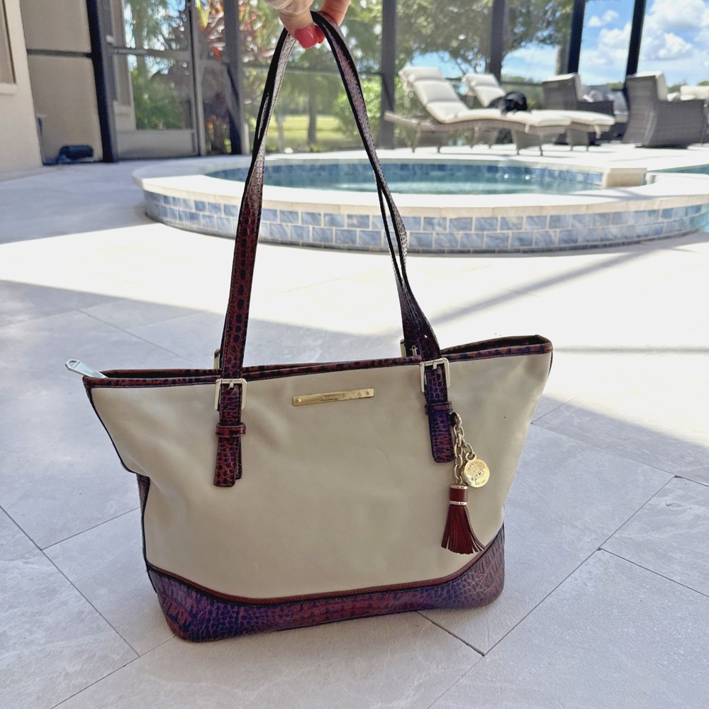Brahmin Beige Brown Croc Embossed Tote Shoulder bag Quiet Luxury Career *See